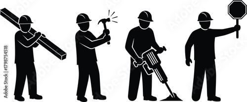 Construction worker silhouettes performing road work tasks with tools and stop sign