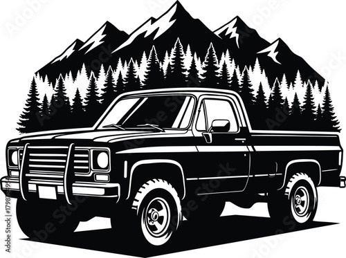 Vintage pickup truck illustration with mountain and pine forest backdrop in bold monochrome style
