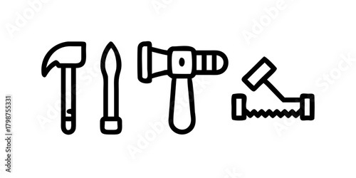 Hand tools icon set for construction and repair. DIY home improvement kit with hammer, saw, drill, wrench. Carpentry equipment vector illustration in a flat, minimal style..