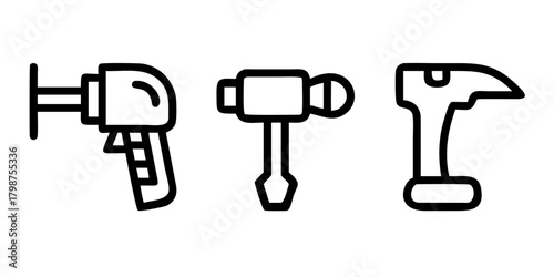 Hand tools icon set for construction and repair. DIY home improvement kit with hammer, saw, drill, wrench. Carpentry equipment vector illustration in a flat, minimal style..