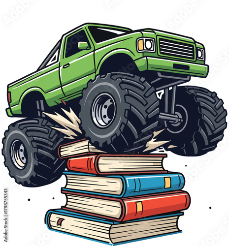 Monster truck crushing stack of books in bold cartoon illustration