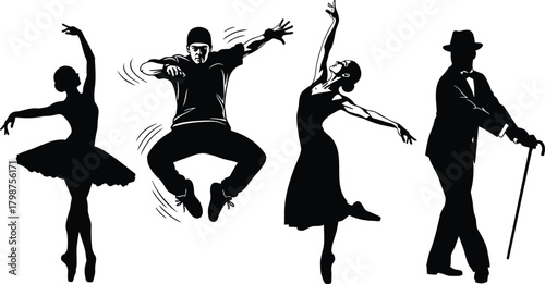 Dance silhouette set featuring ballet, hip hop, contemporary, and jazz performers