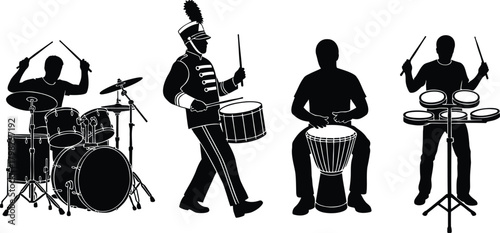 Percussion Musicians with Drum Kit Marching Snare and Djembe Silhouette Set