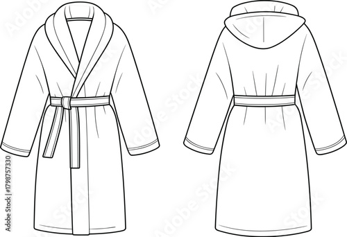 Bathrobe fashion template, cozy robe garment design, hooded and shawl collar dressing gown outline, apparel sketch, clothing mockup, flat vector illustration