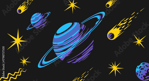Cosmic vector illustration: planets, comets and stars in a vibrant design for wallpaper, posters, and digital art (100 characters)