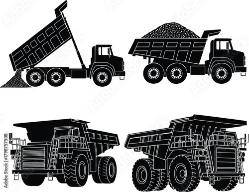 Heavy Dump Trucks and Mining Haul Trucks Silhouette Vector Set