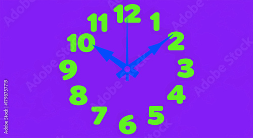 Clock illustration showing ten past two, green numbers on a purple background, time management, punctuality, deadline, appointment schedule, illustration