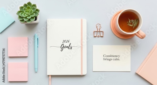 A planner notebook on a desk with a note about consistency