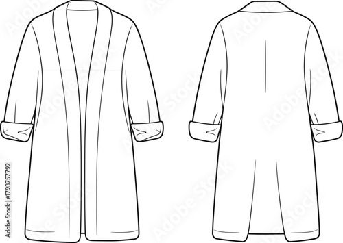 Long open front coat template, elegant rolled sleeve outerwear design, detailed fashion sketch for apparel designers, clothing illustration, flat vector illustration