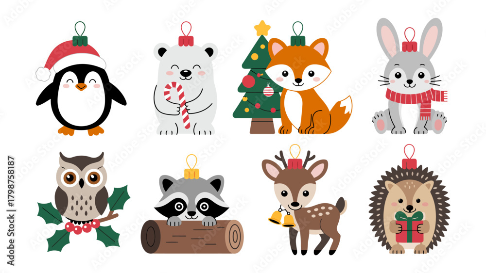 Obraz premium Festive Ornament Collection: Adorable collection of festive ornaments featuring a cheerful penguin in a santa hat, a polar bear, fox, rabbit, owl, raccoon, deer, and hedgehog.