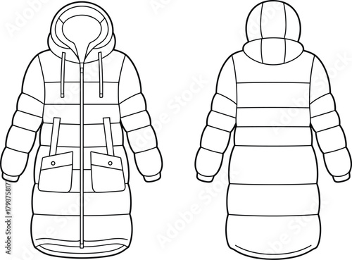 Long padded winter jacket template with hood, detailed puffer coat front and back view, fashion technical sketch, clothing design, flat vector illustration