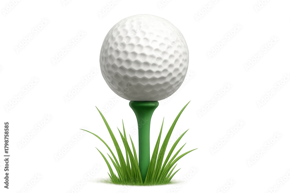 Fototapeta premium Golf ball resting on a green tee, surrounded by grass blades, ready for a swing, transparent background