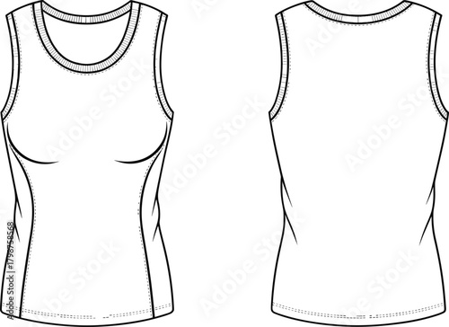 Women’s sleeveless tank top template, fitted athletic shirt design, detailed front and back garment outline sketch for fashion creators, clothing mockup, flat vector illustration