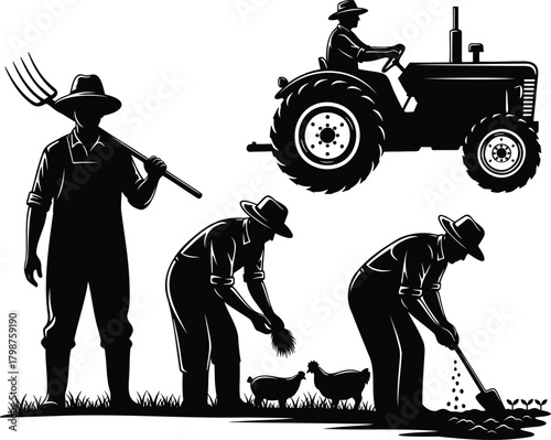 Farmer silhouettes driving tractor feeding livestock and working in field