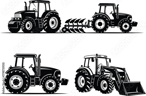Agricultural tractor silhouettes with plow and front loader farming machinery set