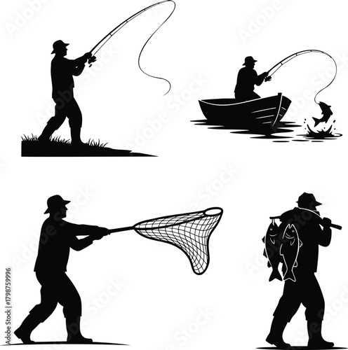 Fisherman silhouettes catching fish with rod net and boat lake fishing set