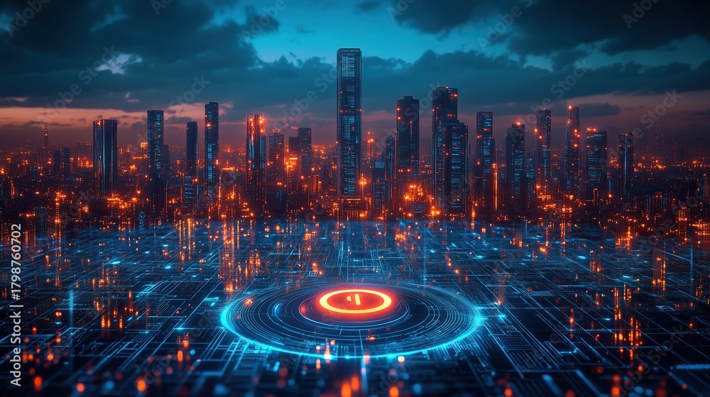 Fototapeta premium ‌Futuristic Urban Tech: Glowing Power Button on Blue Grid Skyline