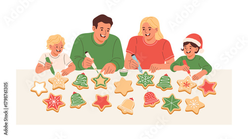 Holiday cookie creation: A family coming together and having a great time, preparing and decorating a variety of cookies with festive shapes like stars and bells.