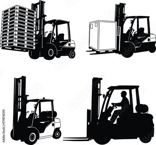 Forklift silhouettes carrying pallet and cargo industrial warehouse vehicles set