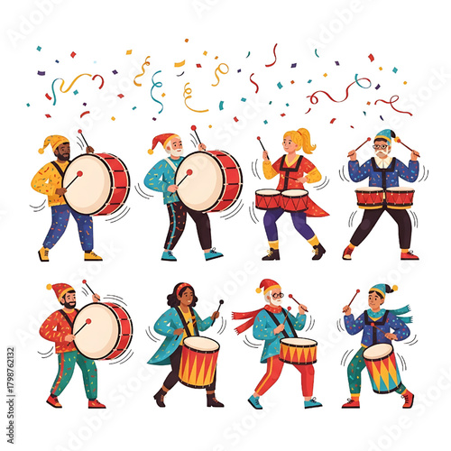 Festive Drumming Parade with Confetti Celebration Vector Art
