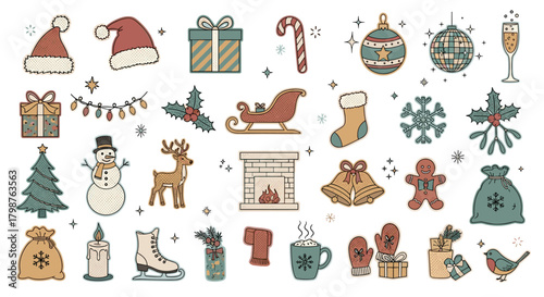 Modern Retro Christmas Sticker Set Vector. Grunge Halftone Collage Cutouts and Doodles.