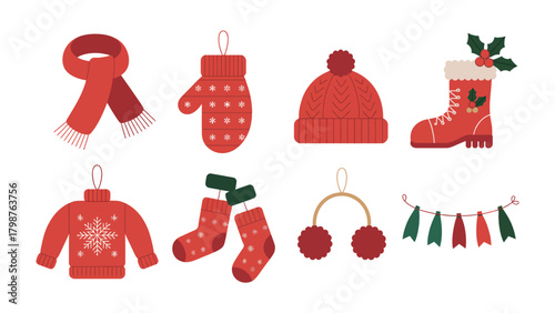 Festive Winter Apparel: A collection of charming winter apparel, including a warm scarf, mittens, cozy hat, a stylish boot, festive sweater, woolen socks, and ear muffs, is artfully arranged.