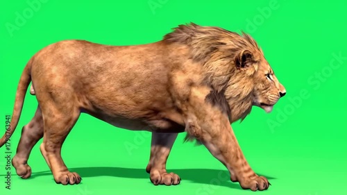 Lion walking on a green background, suitable for compositing or creating visual effects