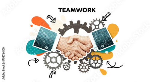 Teamwork Concept Vector Illustration. Modern Retro Halftone Collage with Handshake and Gears.