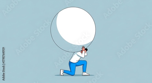 Illustration of a person kneeling and holding a large white sphere above their head, symbolizing burden or responsibility