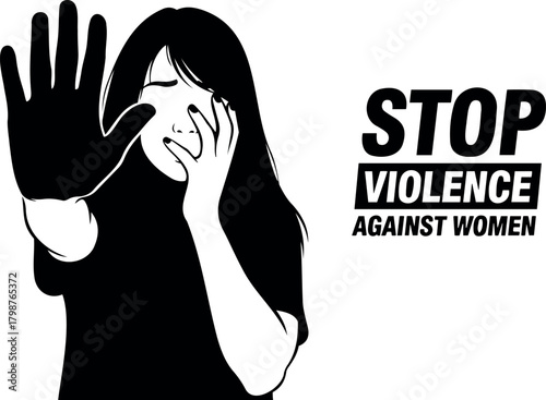 Vector illustration depicting a woman with hand raised in stop gesture against violence against women message