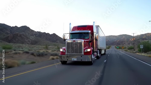 Red semi-truck driving on a highway through a desert landscape, for transportation and travel