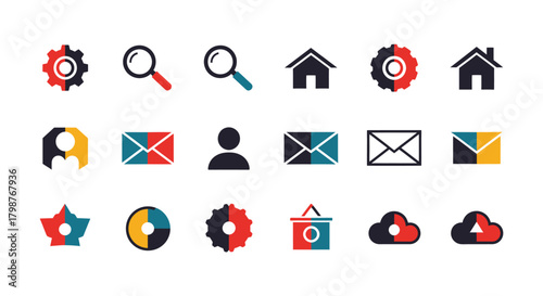 Collection of colorful web elements depicting common functions like search, home, email, and settings for website navigation and user interface design.