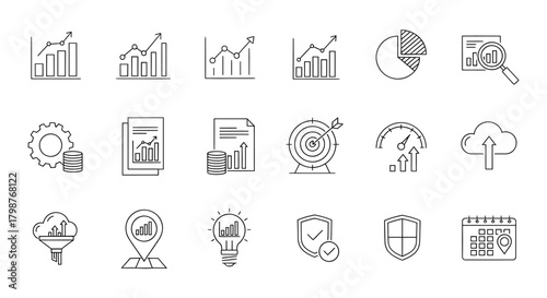 Line art data analysis elements representing charts, graphs, and reports for business intelligence and strategic planning, conveying a sense of precision and clarity.