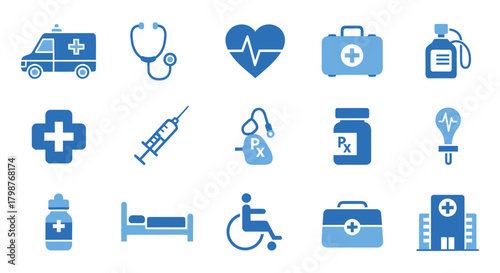 Medical equipment arranged neatly on white surface representing healthcare services and emergency treatment with a clean and organized feel.