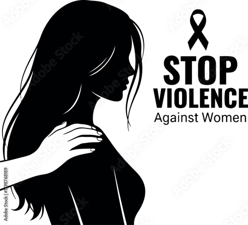 Vector silhouette of a woman with hand on her shoulder and a stop violence against women message icon