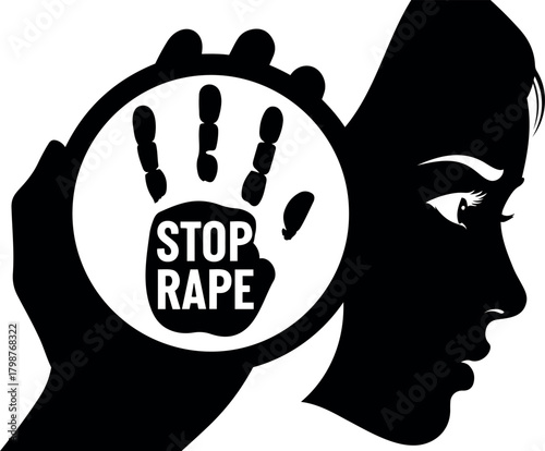 Vector silhouette of a woman's face with a hand displaying stop rape message in a circular frame design