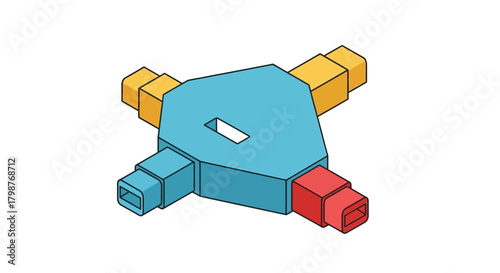Isometric block with connectors in red, blue and yellow offers dynamic design possibilities, ideal for creative projects, modern presentations, and visual storytelling