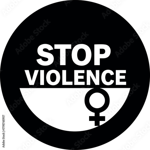 Vector stop violence against women symbol in a black circle with white text and female gender symbol sign