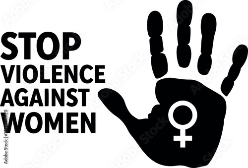 Vector stop violence against women text with a black hand silhouette and female symbol on a transparent background