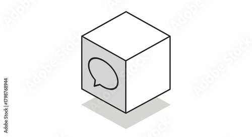 Engage your audience with modern communication: A unique isometric cube featuring a speech bubble, perfect for social media, marketing, and digital messaging