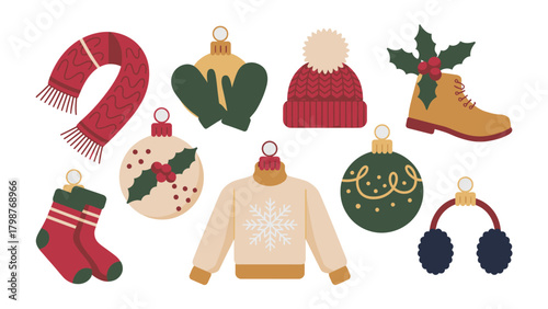 Festive Winter Essentials: A charming collection of cozy winter items, evoking warmth and festive cheer.