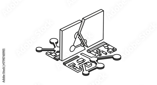 Isometric microfluidic device illustration for lab-on-a-chip technology, offering precise fluid control and analysis in point-of-care diagnostics and biotechnology