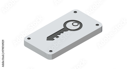 Modern isometric gray key icon on a plate, perfect for security, access control, and privacy concepts, originally designed as scalable vector graphic