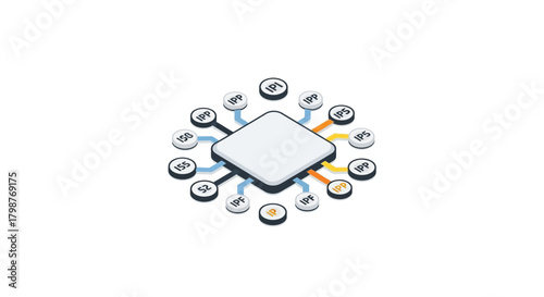 Modern isometric representation of a central processing unit showcasing connectivity and data flow, ideal for tech or innovation concepts and designs