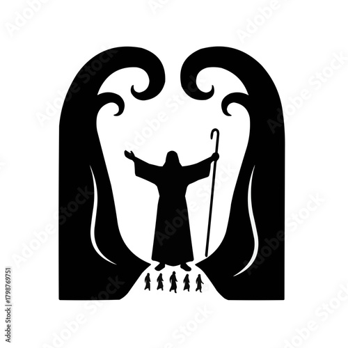 Iconic Moses parting Red Sea, leading people to freedom and hope