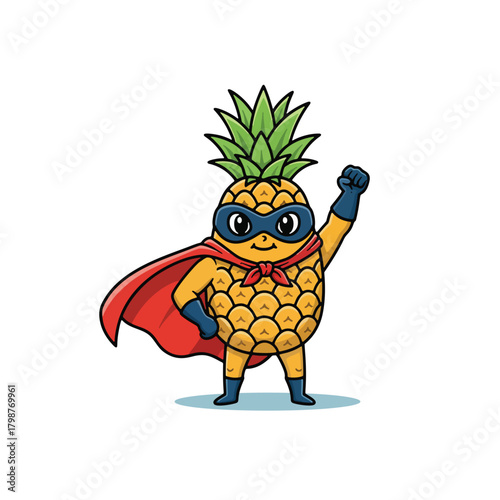 Heroic pineapple cartoon mascot wearing a red cape and blue mask posing with a fist up.