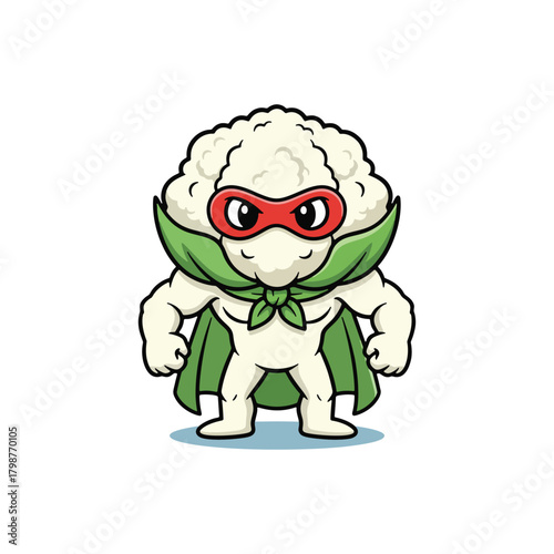 Muscular Cauliflower Superhero with Red Mask and Green Cape.