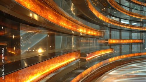 Architectural wall with curved acrylic surfaces embedded with pulsating amber LEDs backlit to create soft halo glow depth