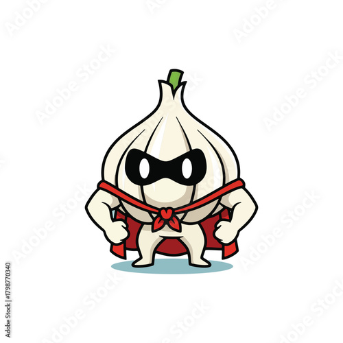Cartoon Superhero Garlic Bulb with Red Cape and Mask.