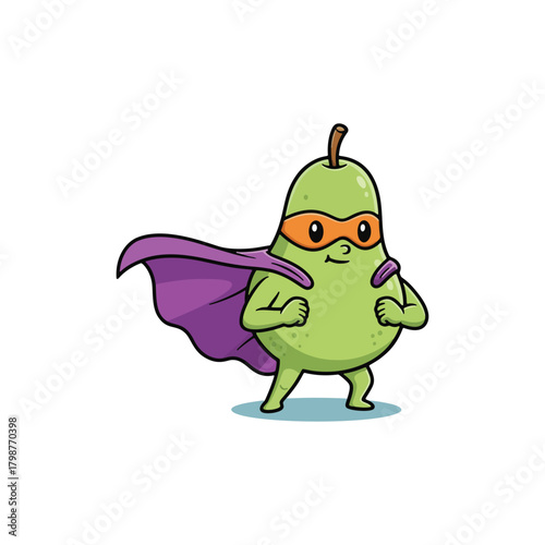 Cute Green Pear Superhero Cartoon Character with Purple Cape and Orange Mask.